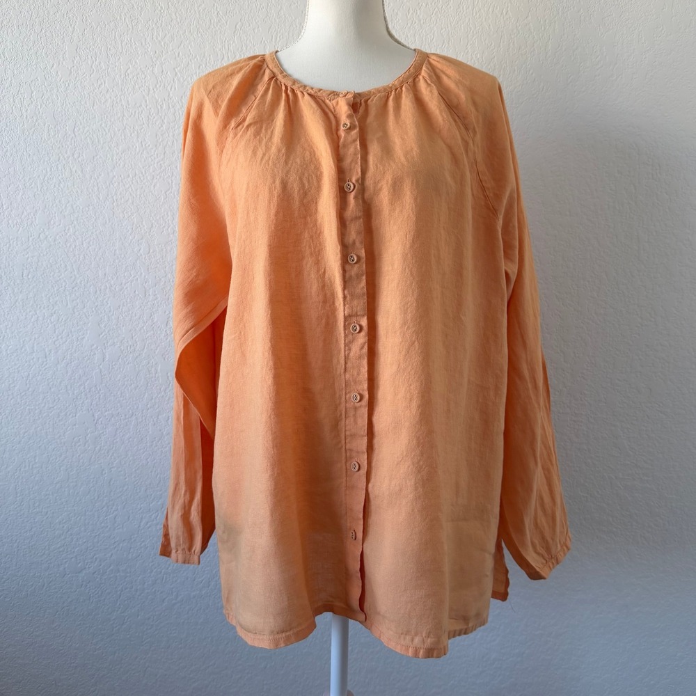 Eileen Fisher Peach Linen Button Front Blouse Large Relaxed Fit Minimalist